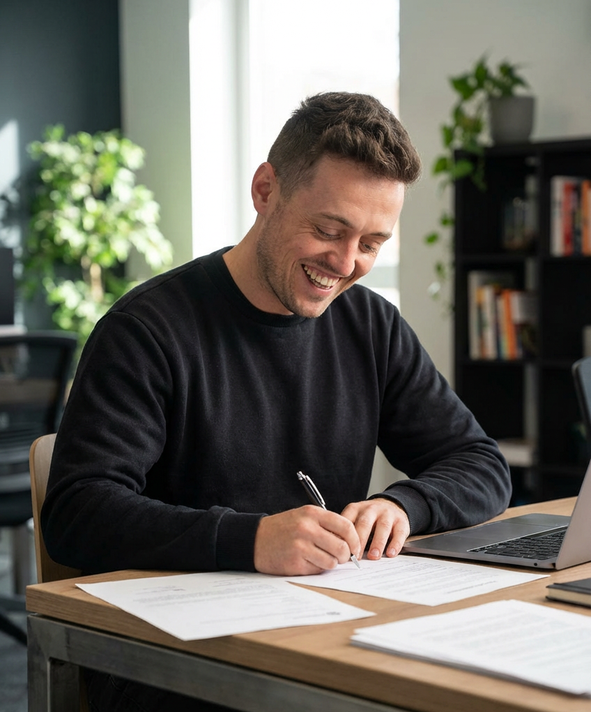 Max unterzeichnet Dokumente am Schreibtisch